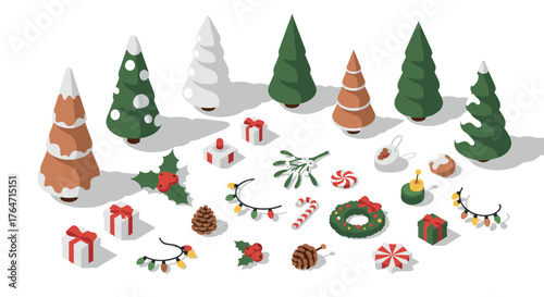 Isometric christmas trees and holiday icons set for festive design projects