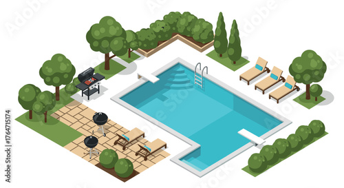 Isometric backyard oasis with pool, lounge chairs, and barbecue setup