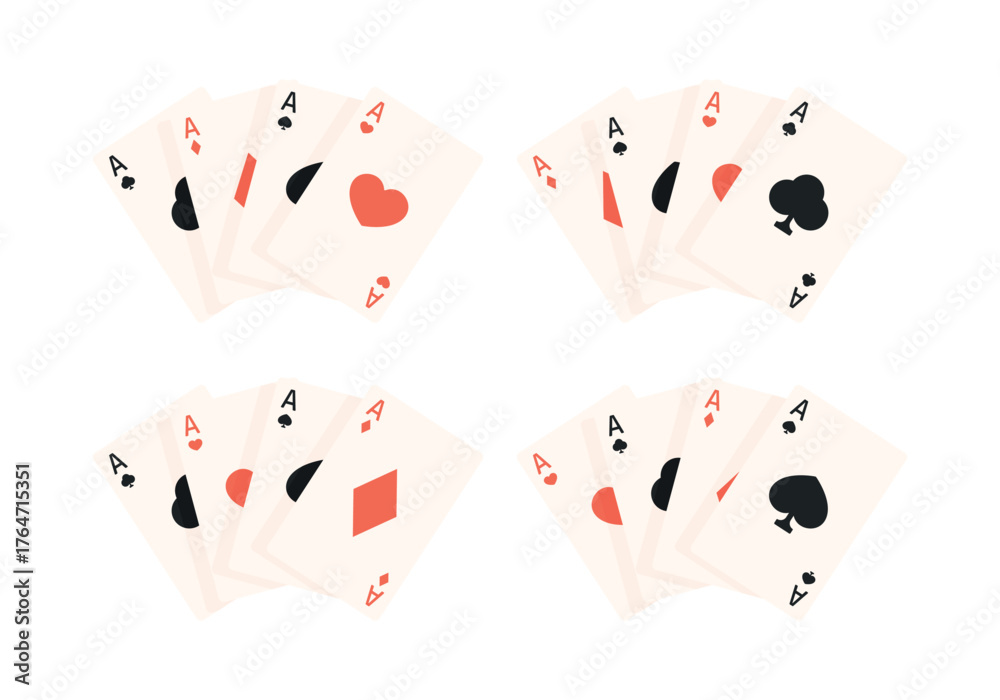 Obraz premium Four aces of different suits together on a white background. A set of cards: Four of a Kind Aces