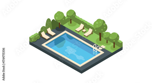 Isometric backyard pool with trees and lounge chairs for relaxation