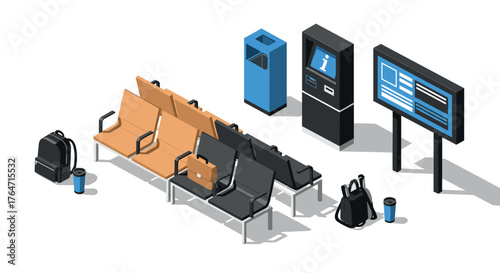 Isometric airport seating area with backpacks and information kiosk on white background