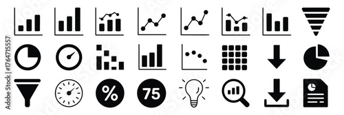 Business analytics glyph icon set, minimal black silhouette vector symbols of data trend, percentage growth, report analysis, and document visualization for infographic and dashboard projects