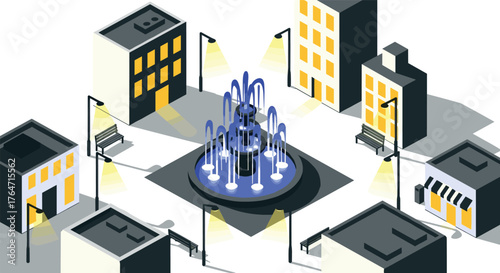 Isometric night cityscape with illuminated fountain and modern buildings