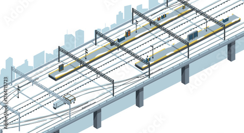 Isometric urban train station with elevated tracks and cityscape background