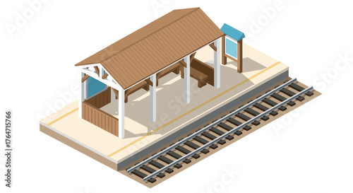 Isometric train station platform with wooden shelter and railway tracks