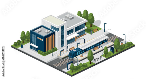 Modern urban railway station with train and buildings in isometric style
