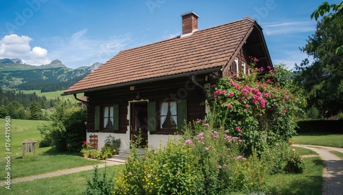 Wallpaper Mural Charming mountain cabin with floral window decor Torontodigital.ca