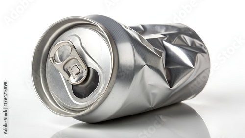 Crumpled empty blank aluminium can isolated on white background. concept of recycling, environment and business
