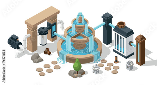 Isometric water fountain system with components and pipes
