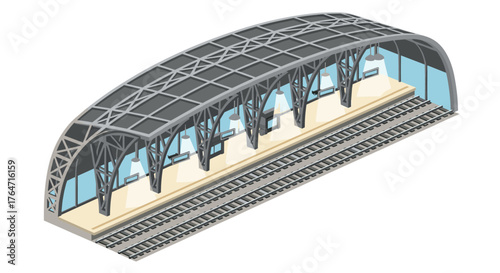 Modern isometric train station platform with glass roof and tracks