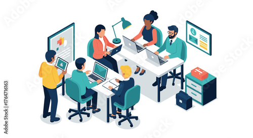 Isometric office team working on laptops and tablets in modern workspace