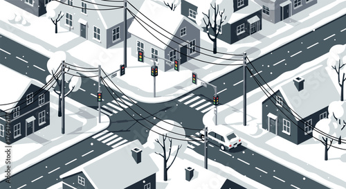 Winter cityscape: snowy streets and houses in isometric design