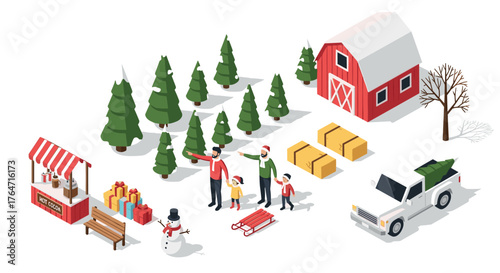 Festive family outing at tree farm with snowman, gifts, and red barn