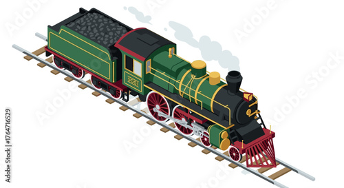 Isometric steam train on tracks: classic locomotive in vintage design
