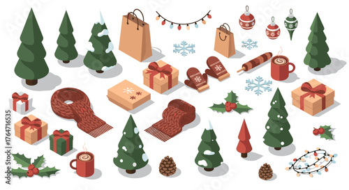 Festive isometric winter elements with gifts, trees, and cozy accessories