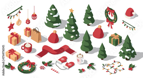 Festive holidays: isometric christmas tree decorations and winter accessories