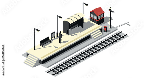 Isometric train station platform with shelter and signal box