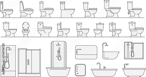 Bathroom fixtures technical line drawing, toilet shower bathtub sink plumbing design vector, sanitary ware illustration for architecture plan, cad drawing flat vector