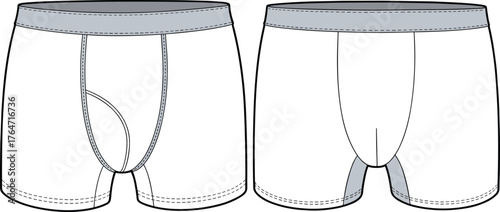 Men boxer briefs technical fashion flat, underwear garment vector template, elastic waistband shorts design, apparel illustration for clothing manufacturing, cad drawing flat vector