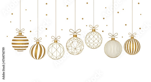 Elegant Golden Christmas Ornaments Hanging on White Background
