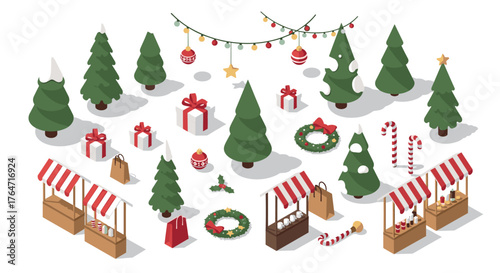 Festive winter market with christmas trees and decorations in isometric style