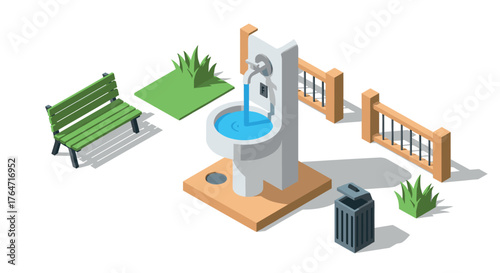 Isometric park scene with fountain, bench, and trash bin