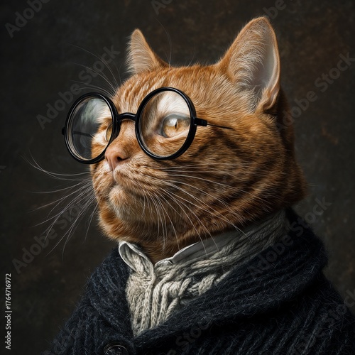 Stylish ginger cat wearing glasses and sweater, portrait of intelligent feline with human expression, concept of anthropomorphic animal, humor, and creativity