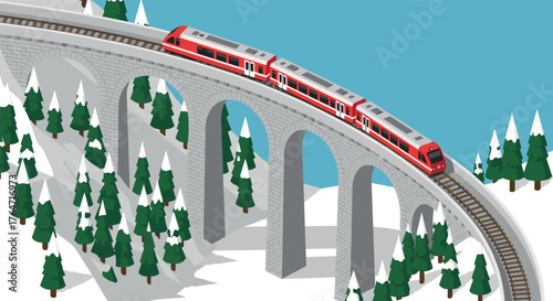 Red train crossing a snowy mountain viaduct in isometric perspective
