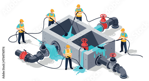Construction workers maintaining a water pipeline in isometric design