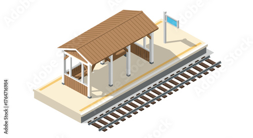 Isometric train station platform with wooden shelter and signpost