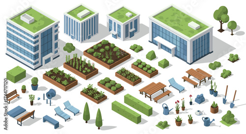 Sustainable urban green spaces with buildings and gardens in isometric design