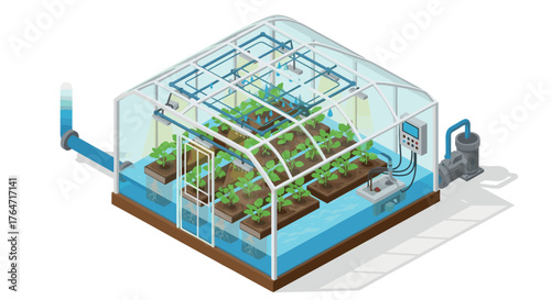 Isometric hydroponics greenhouse with automated irrigation and modern plant cultivation system