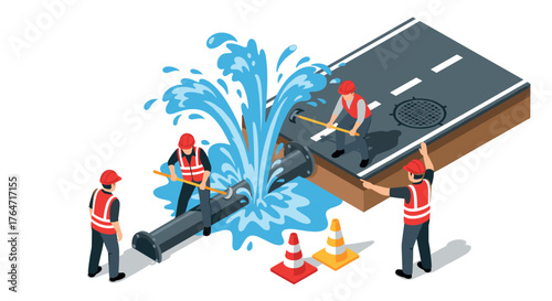 Isometric water main break with road workers and repair equipment