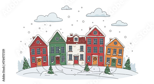 Winter Village Scene Colorful Houses in Snowy Landscape Illustration