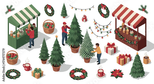 Festive market scene with christmas trees, decorations, and hot cocoa stalls in isometric style