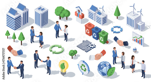 Isometric sustainable business concepts with renewable energy and recycling