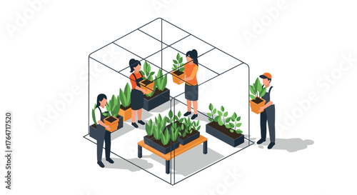 Isometric greenhouse teamwork with indoor plants and team collaboration