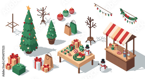 Isometric christmas market scene with decorations, tree, and gifts