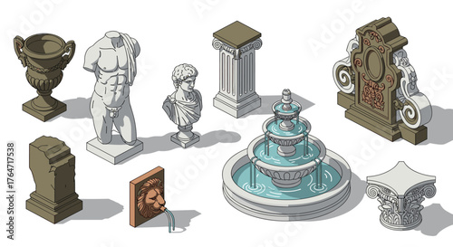 Classical architectural elements in isometric style for historical design projects