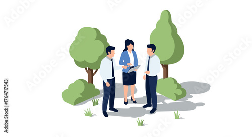 Isometric business meeting in outdoor park setting featuring trees and professionals