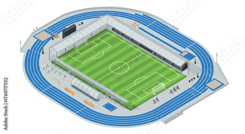 Isometric sports complex with soccer field and running track