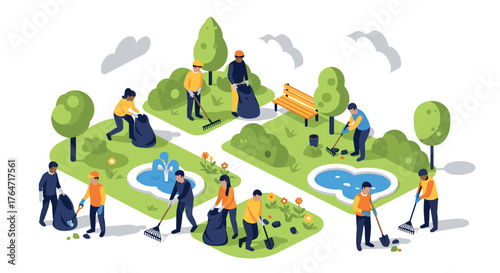Community volunteers engaged in park cleanup activities in isometric design