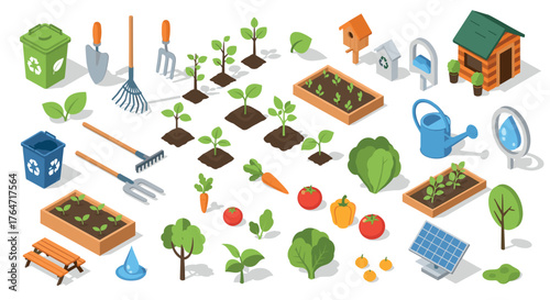 Isometric gardening tools and plants collection for eco-friendly home gardens