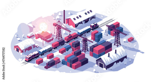 Snow-covered industrial train yard with shipping containers and cranes in isometric winter scene