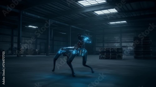 Neon-edged robotic quadruped walks in a large, dimly lit industrial warehouse interior