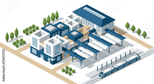 Modern isometric train station with urban architecture and green landscape