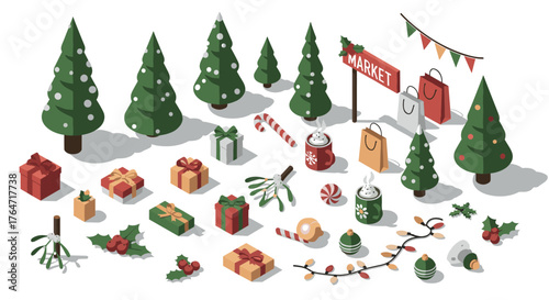 Festive christmas market elements with trees, gifts, and decorations in isometric style