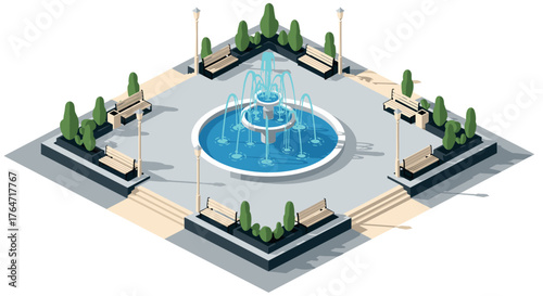 Elegant urban park with central fountain in isometric design