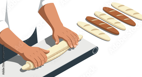 Baker rolling dough with rolling pin near different types of bread loaves on table