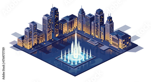 Isometric night cityscape with illuminated fountain and skyscrapers